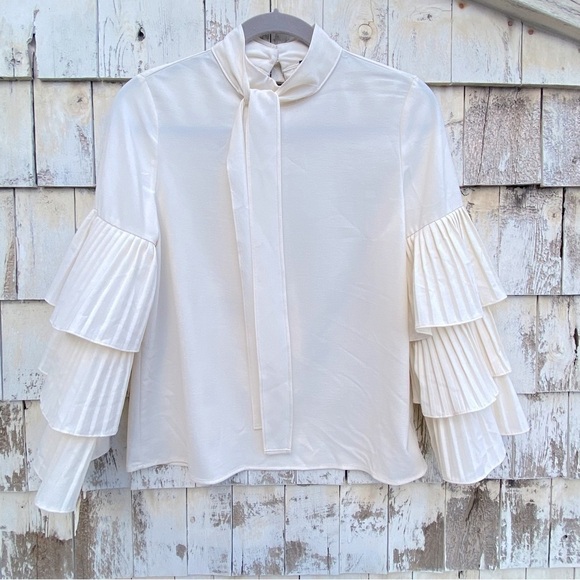 Ina Tops - INA Ruffles Bell Pleated Sleeves Bow Tie Neckline Blouse